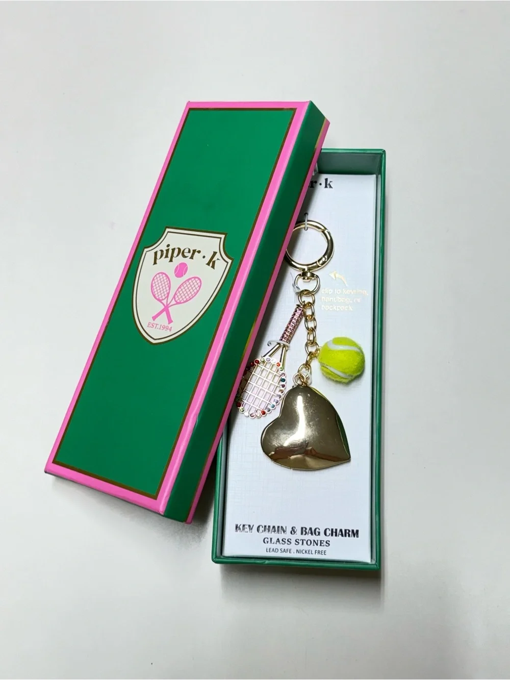 Piper Green & Pink Tennis Heart Keychain Bag Charm with Gold Heart